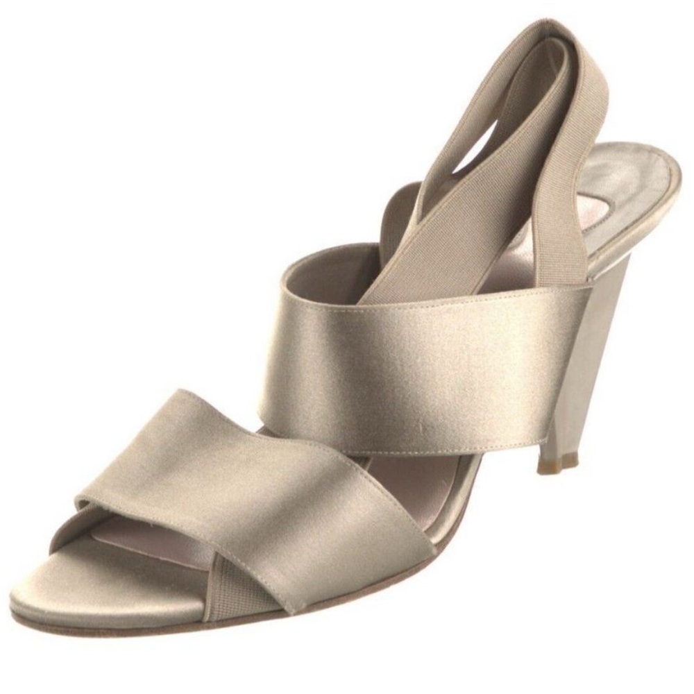 EUC Chloé Satin + Elastic Slingback Geometric 4” Heeled Sandal, Pewter, Sz 39
